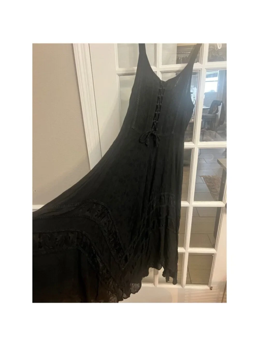 Black Boho Lace Up Maxi Dress Embroidered Smocked Back Free Size REN Fair witchy - Picture 5 of 7